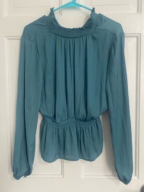 Nine West Long-Sleeve Teal Peasant Blouse with Smocked Waist. NWT